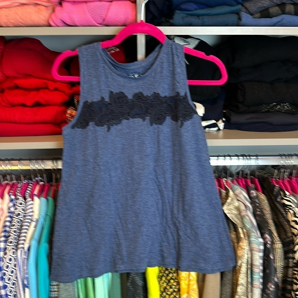 Loft blue sleeveless with black embroidery top size XS NWT